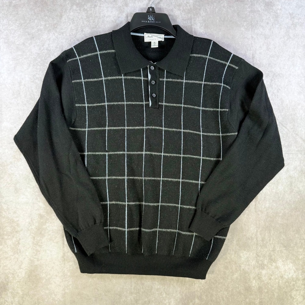 Poeta Moda Polo Sweater Mens XL Black Merino Wool‎ Blend Windowpane Grid Knit